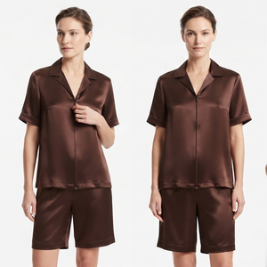 Women Satin Short Sleeve Shirt Shorts Set 100% Silk Zipper Shirts Sleepwear Shorts Two Piece Nightwear Shirt Pajama Sets Ladies - Product Image 2