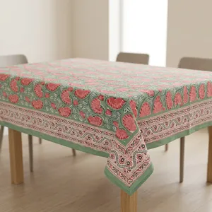 Mantel con estampado floral verde y flores rosas, con borde ornamental en tela verde salvia, diseño estampado a mano. - Product Image 1