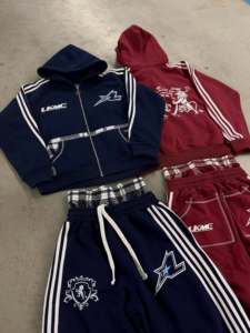 <b>Burgundy</b> Custom Cropped Zip <b>Hoodie</b> With Striped Wide Leg Sweatpants Two Piece Matching Streetwear Fleece Tracksuit - Product Image 4