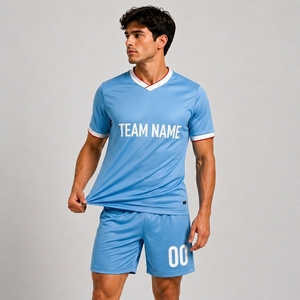 Maillot de football bleu clair à col en V pour homme, manches courtes, nom d'équipe personnalisé, impression par transfert thermique, polyester à séchage rapide, fermeture à cordon - Product Image 3