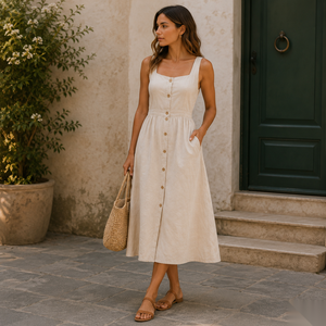 Robe midi à col carré, style bohème, sans manches, en lin respirant, robe d'été décontractée - Product Image 1