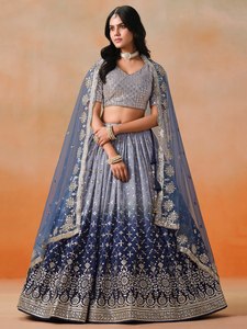 Blue Organza Embroidered <b>Lehenga</b> With Crop Top And Dupatta For Bridesmaid - Product Image 1