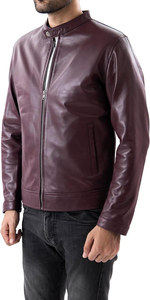Men's <b>Burgundy</b> PU <b>Leather</b> Moto <b>Jacket</b> Stand Collar Zipper Closure Regular Fit Autumn Wear - Product Image 3