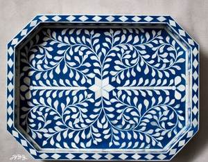 Plateau de service rectangulaire multifonctionnel marocain fait main, style ferme moderne, avec incrustation de os bleu, motif floral géométrique, Ramadan - Product Image 3