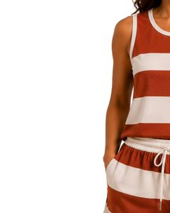 Ensemble de pyjama en satin pour femme, rayures orange rouille et ivoire, débardeur sans manches avec short à taille élastique, ensemble de vêtements de nuit de luxe - Product Image 2