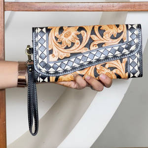 Hand Tooled Genuine Leather <b>Women</b> New Floral Checkered Clutches Luxury <b>Wallet</b> <b>Card</b> Holder Evening Wristlet <b>Wallet</b> For Shopping - Product Image 2