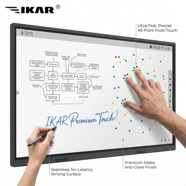 IKAR 98" 4K Interactive Whiteboard with 40-Point Infrared Touch AI Person Tracking Camera Zero Latency Android 13 OS