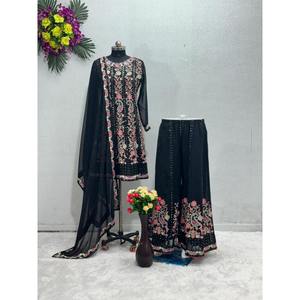 DESIGNER FAUSSE GEORGETTE BRODERIE TOP PALAZZO AVEC DUPATTA NOIR - Product Image 1