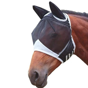Masque anti-mouches en cuir véritable pour chevaux, protection estivale, maille respirante, protection UV, design doux pour les oreilles et le nez, pour l'équitation - Product Image 1