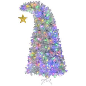 Albero di Natale Artificiale Pre-Illuminato da 1,8 m con Cima Curva e Stella Dorata, 300 Luci, 900 Punte di Rami, Telecomando, Materiale PET - Product Image 1