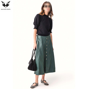 Jupes et pantalons en cuir vert vintage, jupe évasée à taille haute boutonnée sur le devant, mode décontractée d'automne pour femmes - Product Image 2