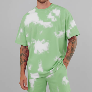 Men Tie Dye Green T-Shirt Set Casual Summer Knitted 2 Piece Outfit <b>Short</b> Sleeve Top and Drawstring <b>Shorts</b> - Product Image 1