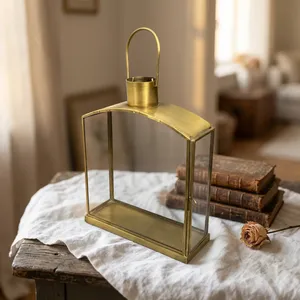 ARTISAN DESIGN L163 Modern Brass Metal Glass <b>Hurricane</b> <b>Lantern</b> Decorative Tabletop Home Decor for All Occasions Irregular Shape - Product Image 2