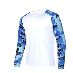 Camisa de Pesca Unisex de Manga Larga, Color Blanco con Mangas de Camuflaje Azul, Impresión por Sublimación, Protección UPF 50 Anti-UV, Impermeable, Frente de Poliéster - Product Image 1