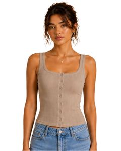 Débardeur côtelé beige pour femme, sans manches, boutonné devant, coupe courte, en coton extensible, ajusté, décontracté, tricoté, mode estivale, style camisole - Product Image 1