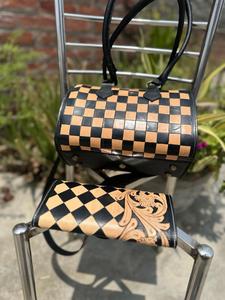 Western Speedy Luxury Leather Executive Travel Crossbody Bag Checkerboard Pattern <b>Heart</b> Embossment <b>Black</b> Tan Zipper Polyester - Product Image 4