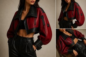 Chaqueta de Motociclista de Cuero Sintético Rojo con Mangas Abullonadas, Cuello Camisero, Estilo Corto, Chaqueta de Otoño para Mujer - Product Image 4