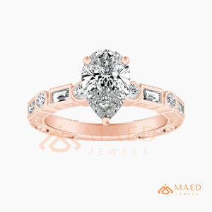 Rose Gold Plated Pear Cut Engagement <b>Ring</b> Women Baguette Side Stone Vintage Milgrain American Diamond <b>CZ</b> Wedding <b>Ring</b> - Product Image 5