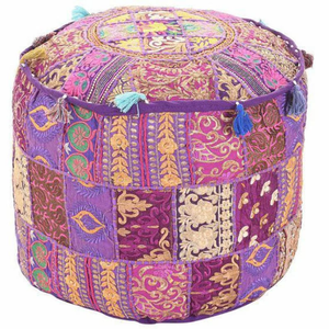 Puf Redondo de Tela Estilo Bohemio con Patrón Bordado Colorido, Otomana Decorativa Hecha a Mano para Sala de Estar - Product Image 4