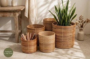 Ensemble de 5 paniers ronds en rotin faits à la main, paniers de rangement en rotin naturel, modernes et multifonctionnels, fabriqués au Vietnam - Product Image 2