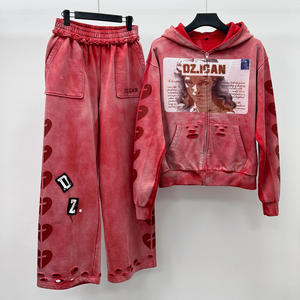 Conjunto de Sudadera y Pantalones Deportivos de Felpa Francesa con Estampado Personalizado, Estilo Vintage, Lavado Ácido, Corte Holgado para Hombre - Product Image 2