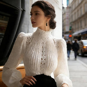 Vente flash sur la chemise blanche à col haut et volants pour femme Temu, manches longues, décorations boutonnées, élégante, pour le bureau, le travail, ou le quotidien. - Product Image 6