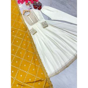 ชุดเดรสผ้าชิออนผ้าไหมลายปักมีลำดับด้านล่างสีเหลืองดูปองท์ออกแบบโดยดีไซเนอร์ - Product Image 2