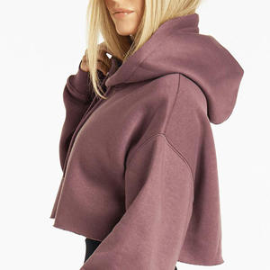 Women Fleece Hooded <b>Crop</b> <b>Top</b> Solid Color Casual Loose Fit Sweatshirt Short Length Plain Dyed Knitted Wear - Product Image 2