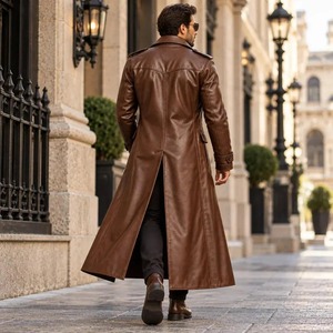 <b>Men</b>’s Brown Leather Duster <b>Coat</b>, Genuine Leather Trench <b>Coat</b>, <b>Long</b> Western Cowboy Overcoat, Vintage Leather Jacket - Product Image 4