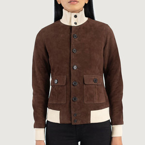 <b>Women's</b> Brown <b>Suede</b> Varsity <b>Jacket</b> With Turtleneck And Button Closure Autumn Wear - Product Image 6