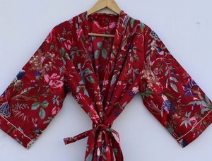 Robe kimono imprimée oiseaux rouges pour femme, 100 % coton, col en V, tenue d'été décontractée, paréo de plage, kimono de style japonais - Product Image 1