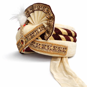 Turban de marié Safa en velours crème bordeaux royal avec Kalgi rubis, couvre-chef traditionnel indien pour mariage, fournisseur en gros - Product Image 3