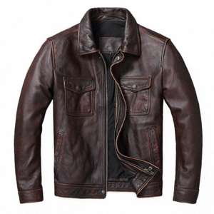 Veste en cuir de buffle véritable, accessoires de mode pour hommes, artisanat vintage, pour motards, coupe coupe-vent. - Product Image 4