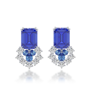 Boucles d'oreilles de luxe pour femmes en or massif 18 carats avec saphirs et diamants ronds taille brillant, design géométrique, bijoux de mariage - Product Image 3