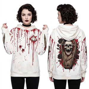 Sudadera con capucha azul de 500GSM con cremallera para mujer, con estampado gráfico de calavera y planos arquitectónicos, estilo streetwear, venta al por mayor - Product Image 6