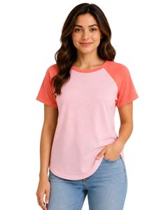 T-shirt Raglan Personnalisé Rose Bébé et Pêche Corail pour Femme – Col Rond Décontracté, Manches Courtes, Mélange de Coton Doux, Haut Tendance Estival - Product Image 1