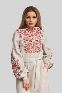 Robes en lin à motifs brodés, robes longues à manches longues, robes maxi à manches bouffantes, broderie florale, col rond, robes brodées de créateurs - Product Image 4