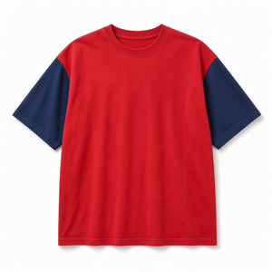 T-shirt rouge à manches courtes pour homme, coupe classique, col rond, jersey décontracté en coton, blocs de couleur, bordure contrastée - Product Image 1