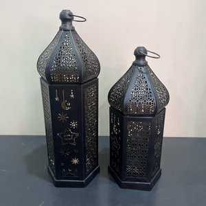 Artisan Design <b>Set</b> of 2 Iron Ramadan & Eid Islamic Moon Star Candle <b>Lanterns</b> for Home Table Decoration - Product Image 3