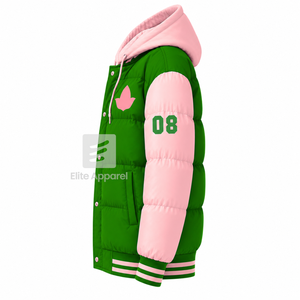 เสื้อแจ็คเก็ตพัฟเฟอร์แบบสั่งทำพิเศษสำหรับชมรมอัลฟ่าคาปาอัลฟ่า ปักโลโก้ด้านหน้า สีเขียวและชมพู แขนยาว สำหรับผู้หญิง - Product Image 4
