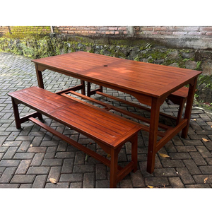 Garden <b>Set</b> 1 <b>Dining</b> Table & 2 <b>Bench</b> Solid Teak Wood Natural Finish for Outdoor Use Seating 4 - Product Image 1