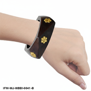 Handcrafted Dark Wood <b>Bangle</b> with Brass Floral Inlay Geometric Statement <b>Wooden</b> Bracelet for Women - Product Image 6