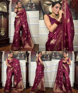 Sari de Seda Color Granate con Bordado Floral Dorado, Traje Tradicional Indio para Bodas, para Mujer, Largo hasta el Suelo, Corte Regular - Product Image 1