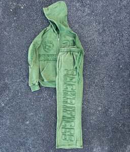 Ensemble survêtement homme grande taille avec sweat à capuche et pantalon, imprimé lettres en relief, en molleton, décontracté, pour l'automne, gris - Product Image 3