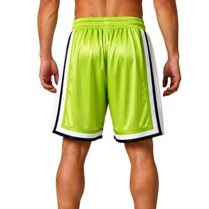 Shorts de basket-ball pour hommes vert lime avec panneaux latéraux blancs et noirs, shorts de sport d'entraînement, taille élastique, vêtements de sport, vêtements de fitness - Product Image 2