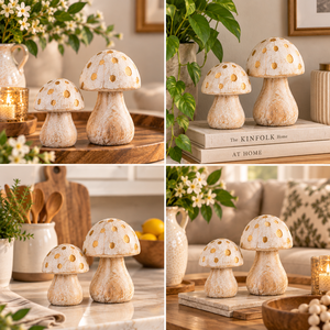 Vintage <b>Wooden</b> Mushroom Figurines Set of 2 Whitewash hammered Gold Decorative Table Centerpiece for Home Garden <b>Shelf</b> Handmade - Product Image 2
