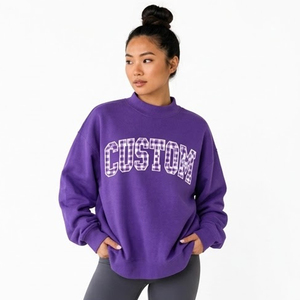 <b>Women's</b> <b>Blue</b> Oversized Crew Neck Sweatshirt Drop Shoulder <b>Fleece</b> Pullover With Custom Letter Print - Product Image 5