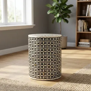 Handcrafted Bone Inlay Drum <b>Side</b> <b>Table</b> <b>Round</b> Accent End <b>Table</b> Decorative Modern Living Room Bedroom Furniture ContemporaryDesign - Product Image 5
