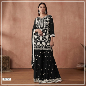 Kurti noir brodé avec pantalon palazzo, tenue ethnique traditionnelle pour femmes, longueur au sol, Inde, Pakistan, coton, coupe ample - Product Image 5