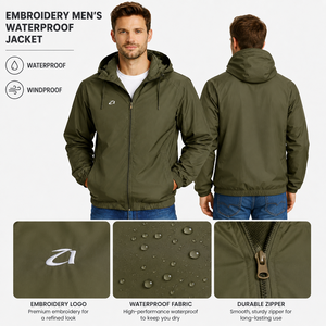 Olive Green Embroidered Logo Men's <b>Jackets</b> Hooded Full Zip Lightweight Windbreaker Outdoor Casual Factory Direct - Product Image 3